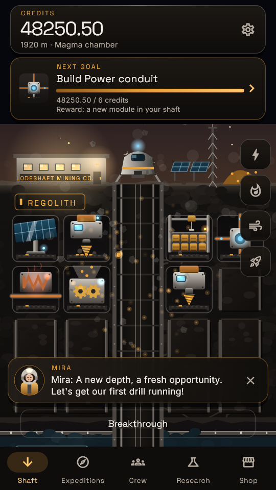 Lodeshaft: surface buildings, capsule, drills and elevator in the regolith layer.