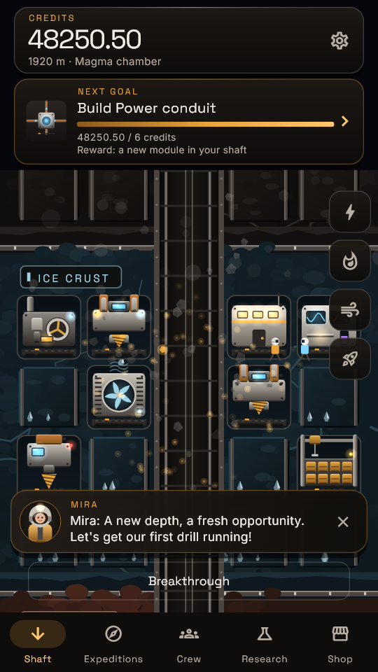 Lodeshaft: an expanding mining colony inside the blue ice crust.
