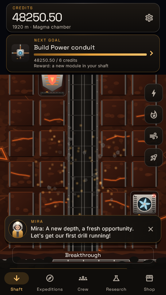 Lodeshaft: production modules and a deep shaft in the magma chamber.