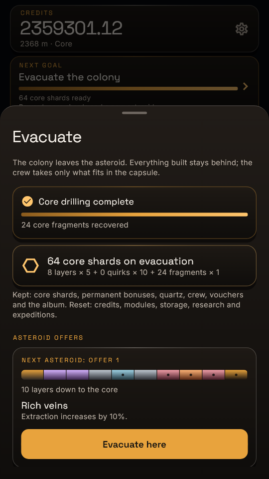 Lodeshaft: the evacuation screen for leaving for the next asteroid.